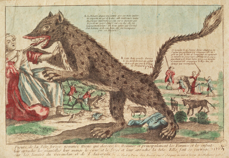 Dessin imaginaire représentant la bête du Gévaudan géante dans les champs